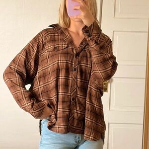 Wild Fable Brown Plaid Oversized High-Low Button Down Flannel Size L